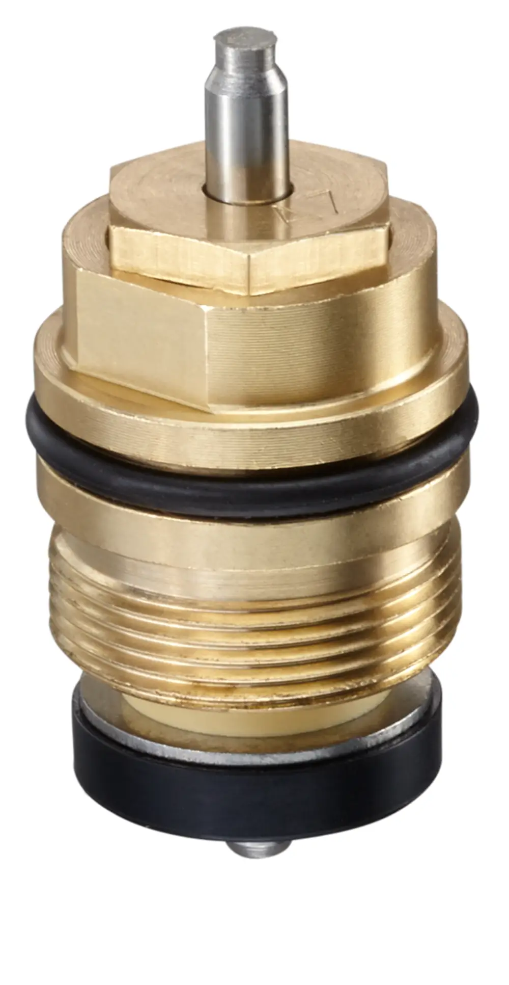 Ventileinsatz aus Messing für Thermostatventile, mit einer Metallspitze und Gummidichtung. Oventrop-Produkt, geeignet für verschiedene Rohrdurchmesser.